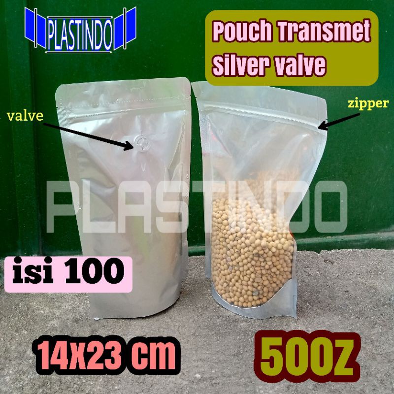 Jual Isi 100 Pcs Standing Pouch Transmet Silver Valve 500z Kemasan Kopi