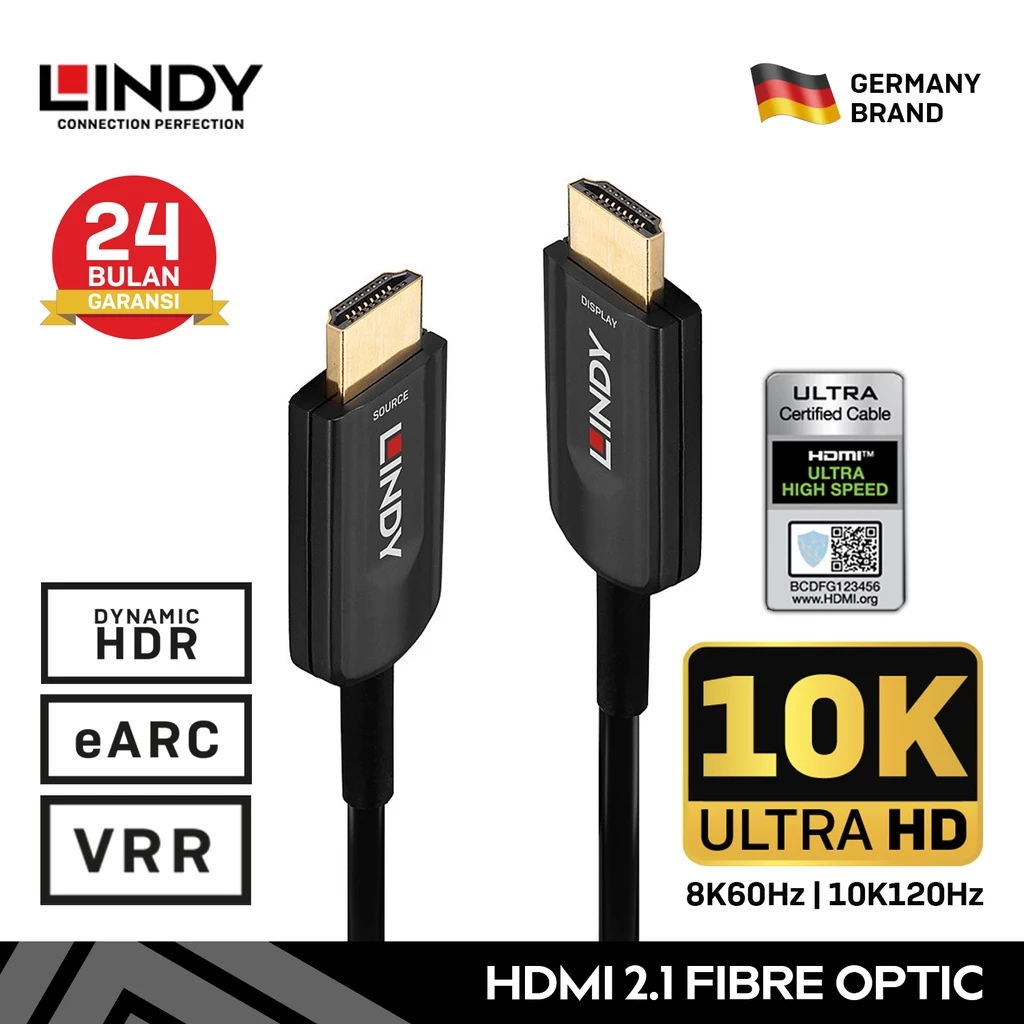Kabel HDMI 2.1 LINDY 20m Fiber Optic Ultra High Speed Cable 10K 8K HDR10 EARC 48Gbps Dolby Vision 38382