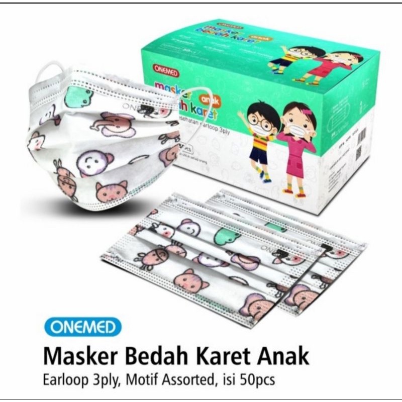 Jual Masker Bedah karet Onemed Anak medis earloop motif animal assorted ...