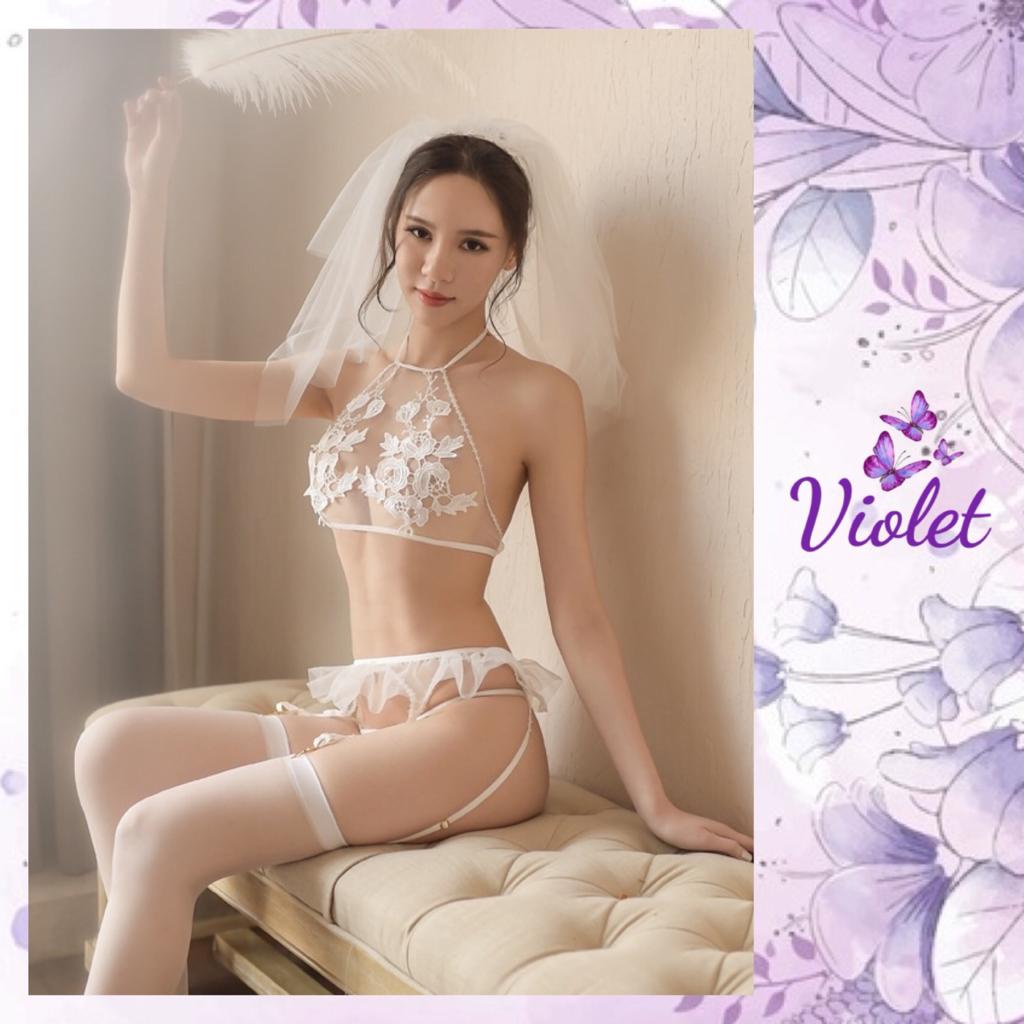 Jual Violet Lingerie Seksi Seragam Cosplay Pengantin Pakaian Dalam Garter Erotis Kerudung Bordir