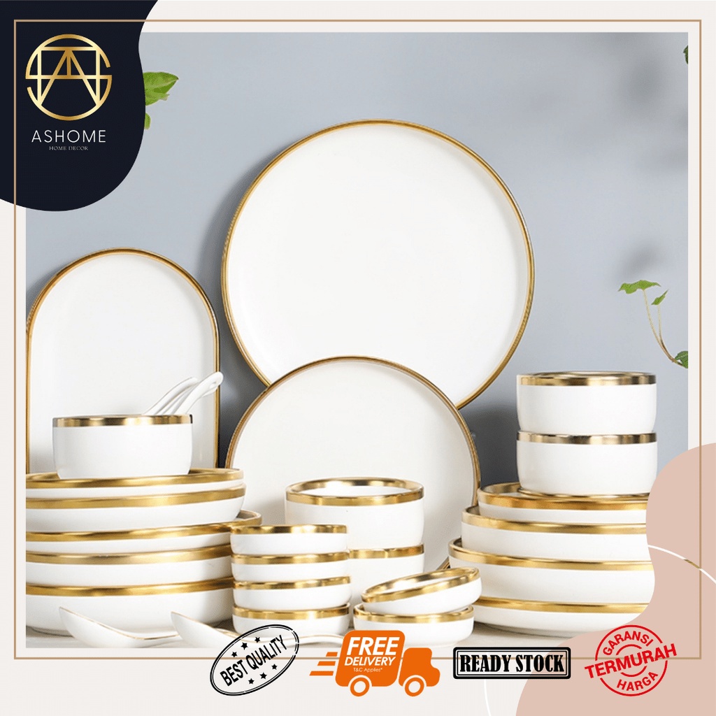 Jual Ashome Piring Set 6 Orang Keramik List Gold Elegan Lengkap 26 Pcs Piring Set Keramik List 0006