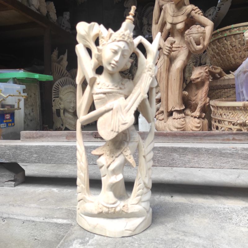 Jual Patung Dewi Saraswati Dari Kayu Tanggal Buaya Ukuran 30 Cm