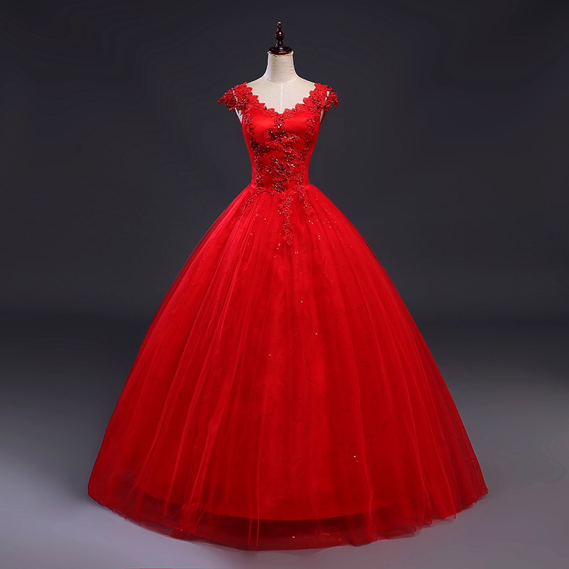 Jual Red V-neck Robes de Mariee Vintage Lace Up Wedding Dress | Shopee ...