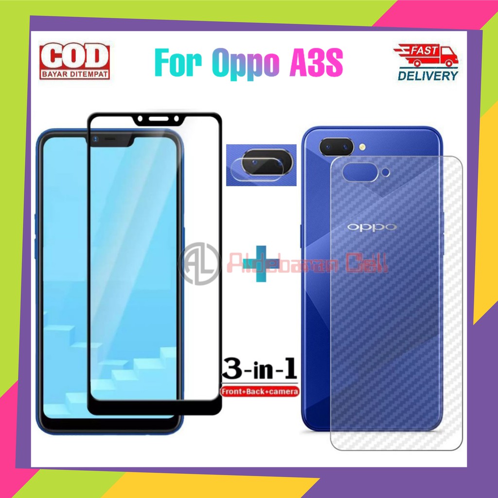 Paket Tempered Glass Oppo A3S Anti Gores Depan Lensa Kamera AG Belakang  Oppo A3S 9H 9D Full Cover