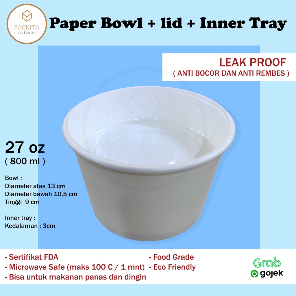 Jual Paper Bowl POLOS 27 Oz 800 ml + Inner Tray + LID / Tutup Bowl (50 ...