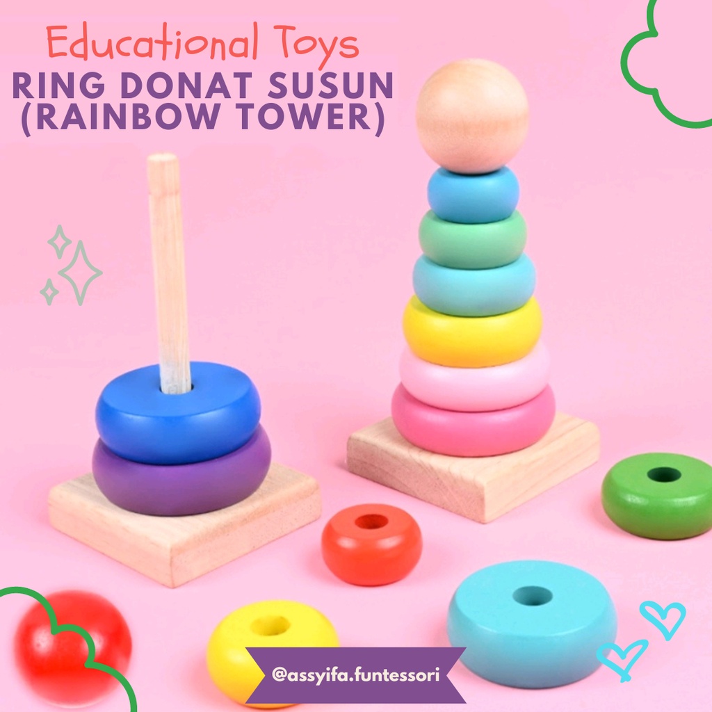Jual Mini Ring Donat Kayu Susun Pelangi / Mini Rainbow Tower Kecil ...