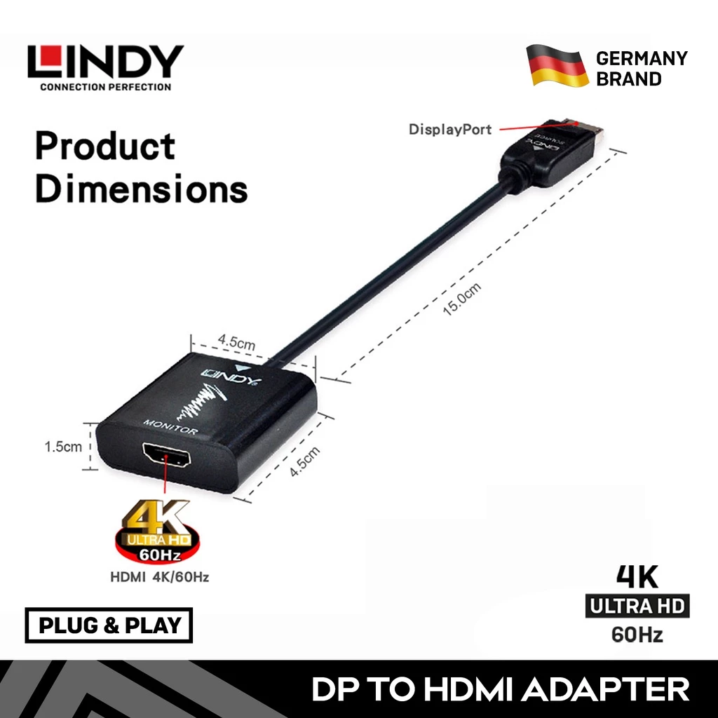 LINDY Converter DisplayPort to Hdmi Adapter DP 1.2 Male to Hdmi Female UHD Converter Adapter 41068