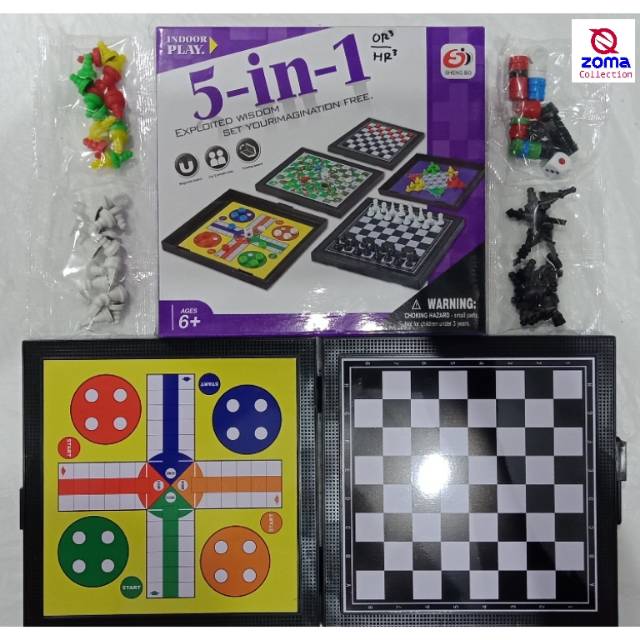 Jual Board Game Mini 5 in 1 Ludo Ular Tangga Halma Catur Chess