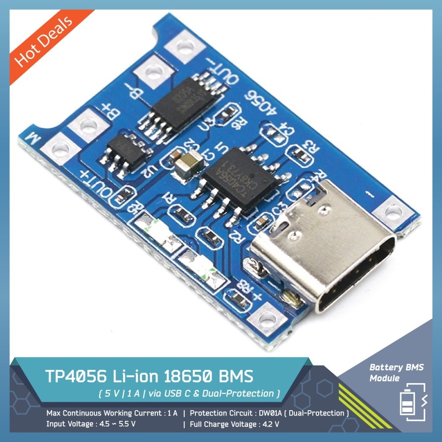Jual Charger TP4056 Lithium 18650 BMS with Protection via USB Type C 1A ...