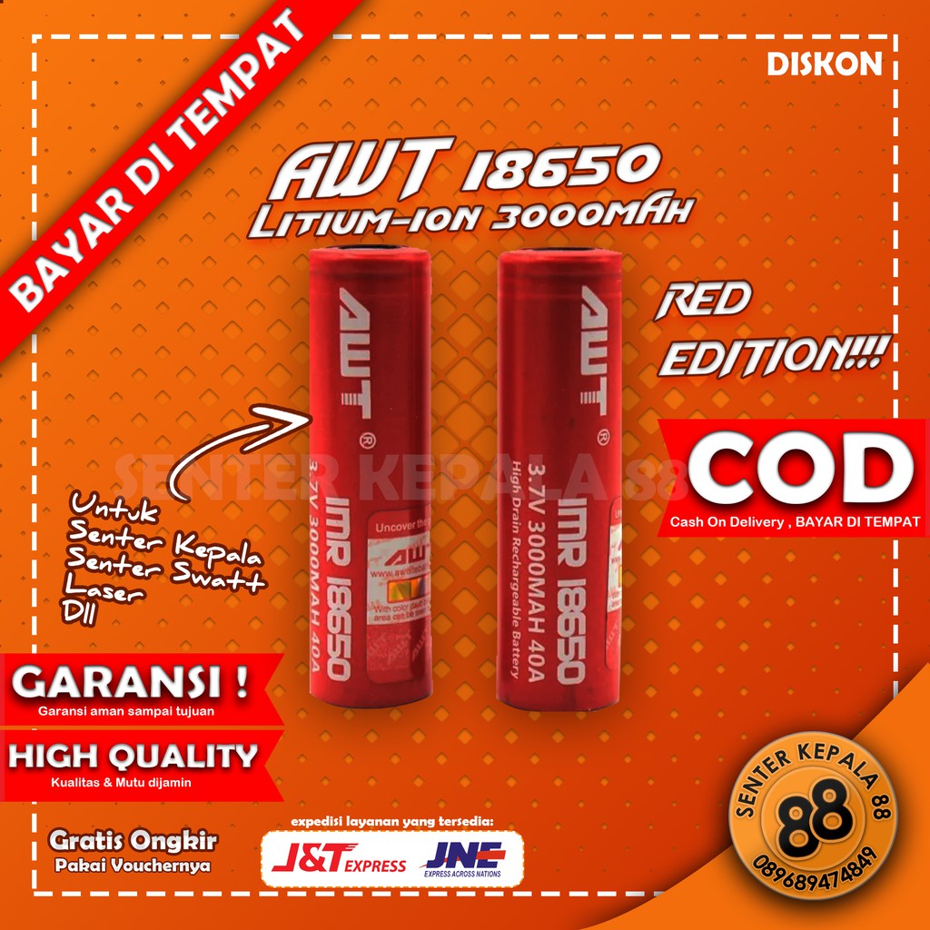 Jual Baterai Batrai Batre Battery AWT MERAH 18650 3000mAh Senter Kepala ...