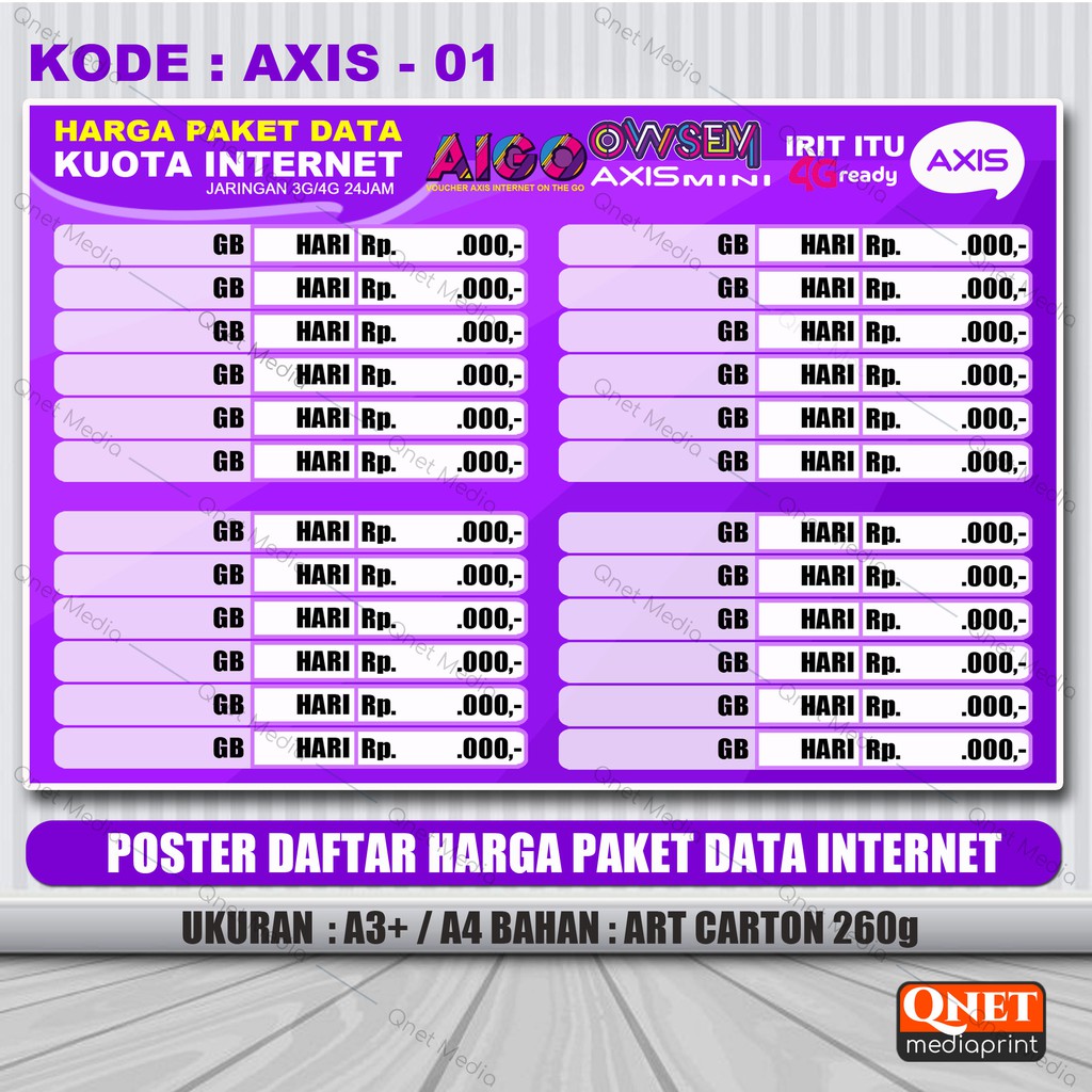 Jual Poster Konter Daftar Harga Paket Isi Ulang Kuota Custom Shopee