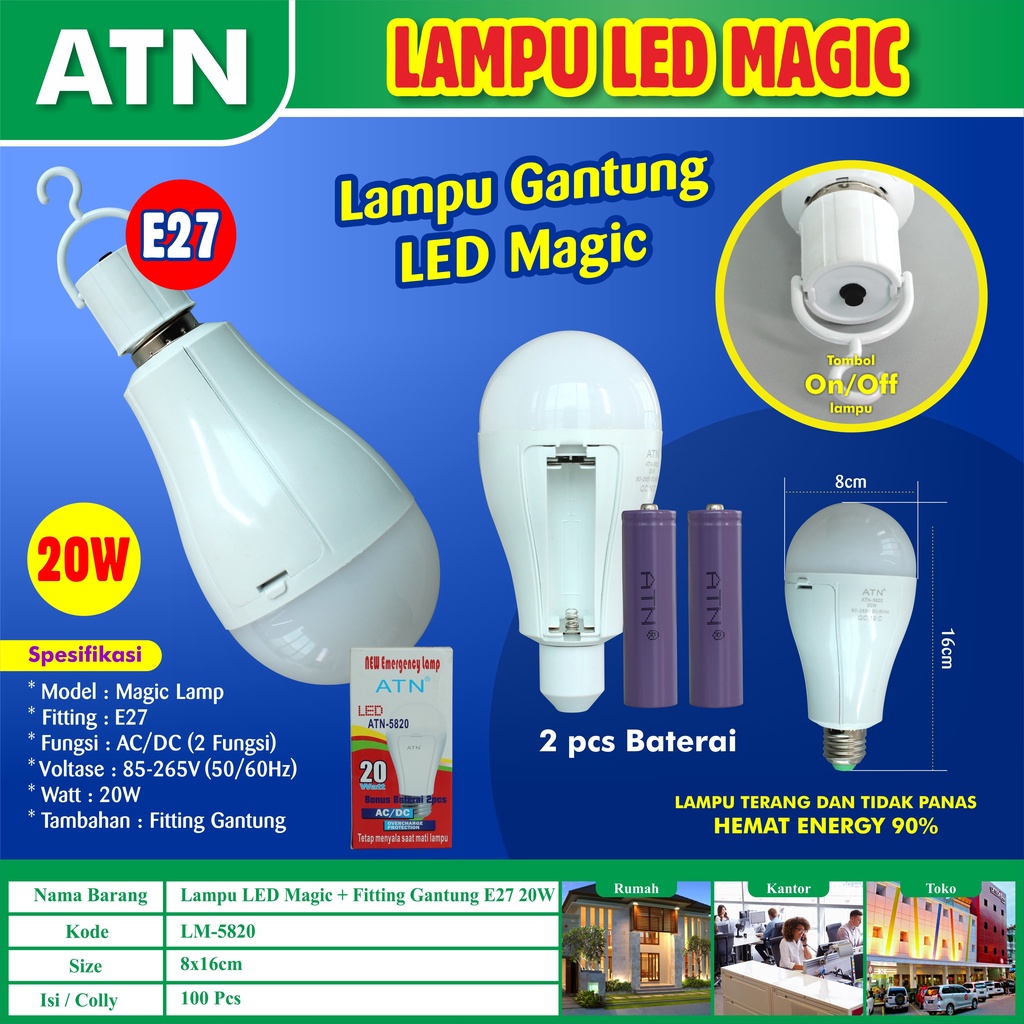 Jual COD-LAMPU LED EMERGENCY ATN 20W ATN-5820 SET 2 BATERAI 18650 ...
