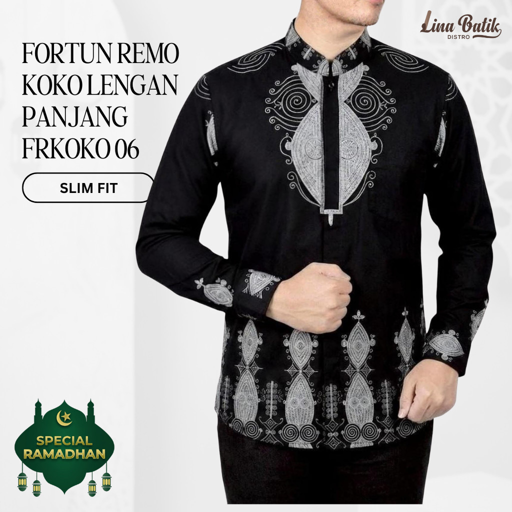 Lina Batik Distro - Baju Koko Pria Kemeja Koko Pria Muslim Lengan Panjang Slim Fit Lapis Furing Hitam Abu Fortun Remo FRKOKO 06