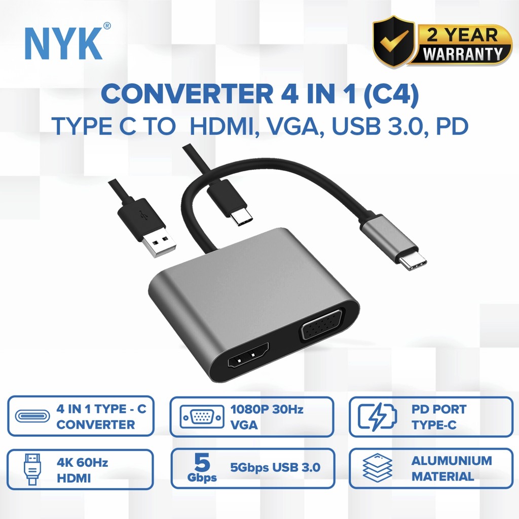 NYK Converter 4 in 1 USB Type C to 4K USB HUB 3.0 HDTV VGA Type C COD HUB bergaransi Docking Station Data transfer Mobile phone macbook android iphone