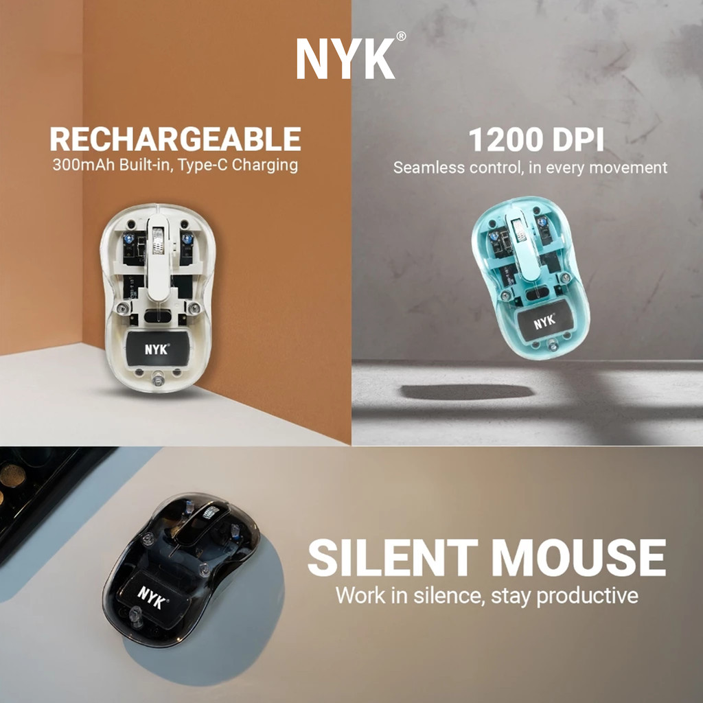 NYK C85 Dual Mode Rechargeable Wireless Silent Optical Transparan Putih COD (3)