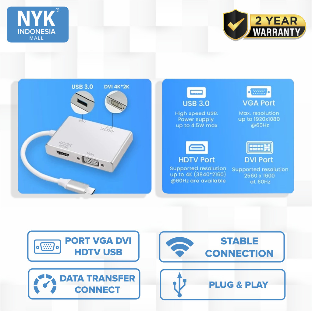 NYK 4 in 1 Converter USB Type C to 4K DVI HDTV USB VGA 3.0 COD (2)