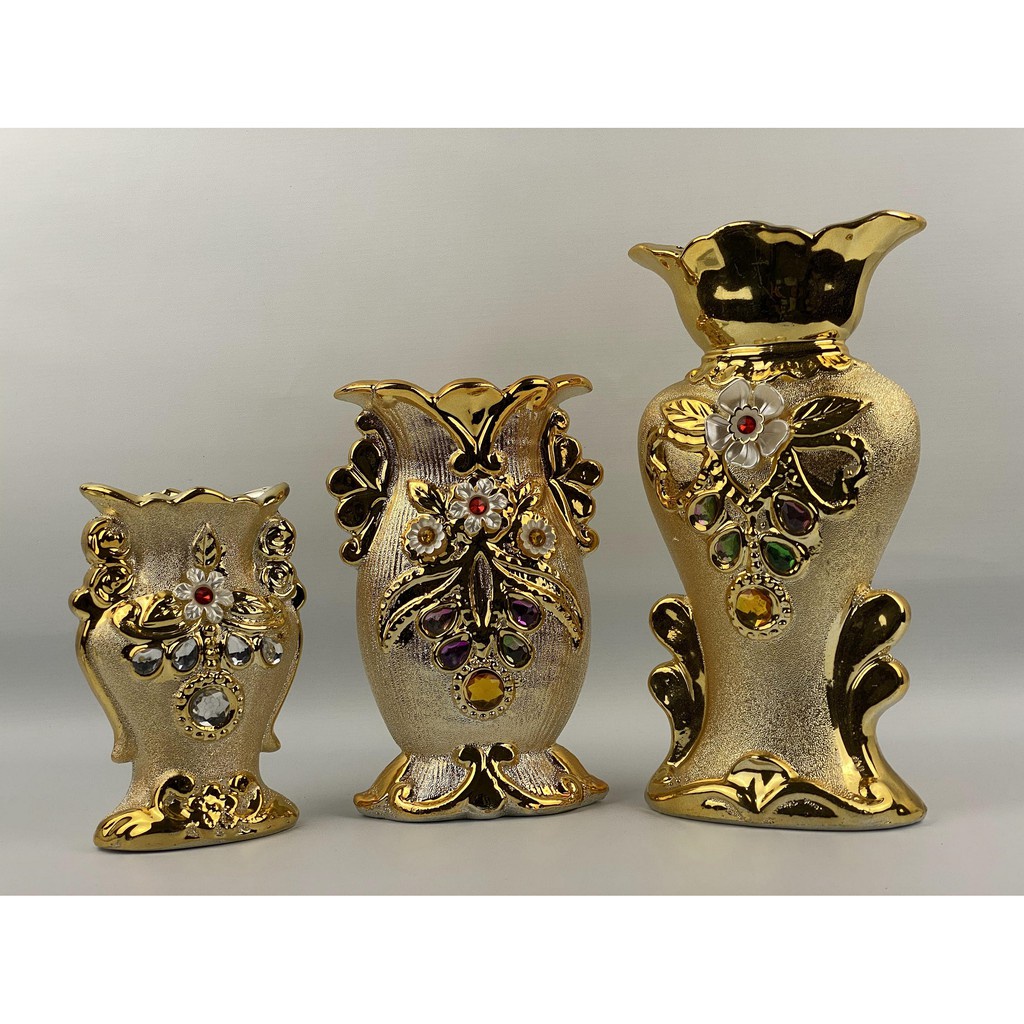 Hiasan Vase Bunga Keramik Set 3pc Gold / Emas