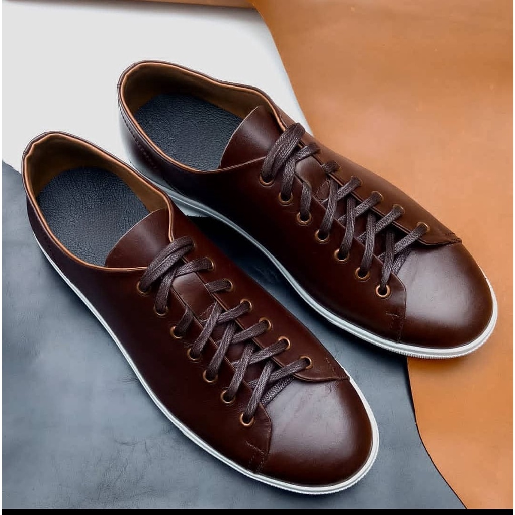 Jual Sepatu Sneakers Kulit Fullgrain Leather Coklat Tua Handmade ...