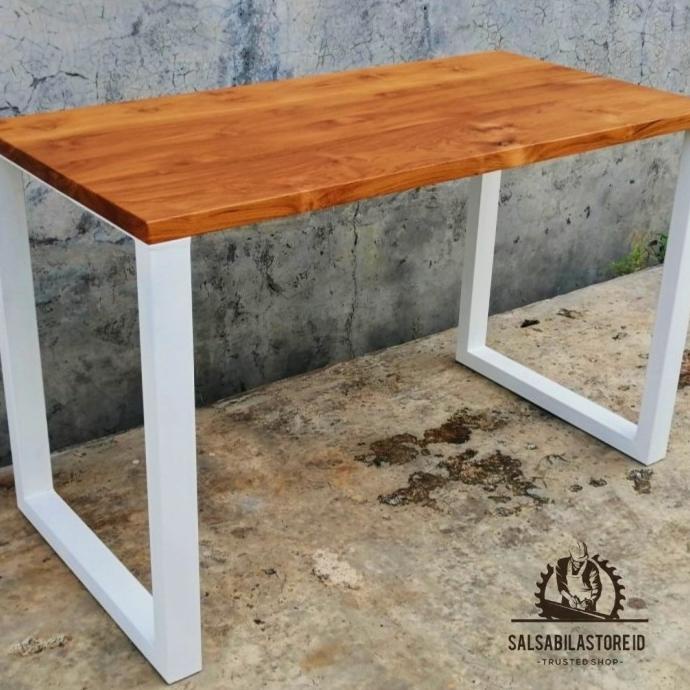 Jual MEJA KANTOR KAYU JATI/TOP TABLE KAYU JATI KAKI BESI HOLLOW