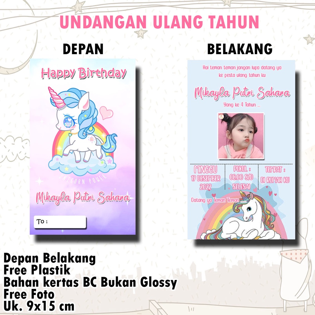 Jual UNDANGAN ULANG TAHUN KARAKTER UNICORN UNDANGAN ULTAH KARTU ULANG
