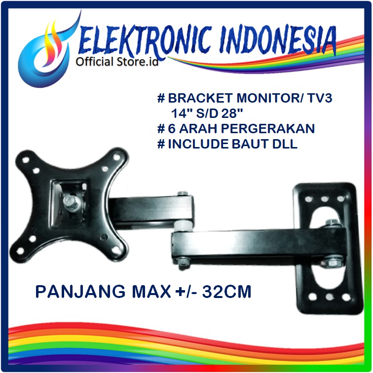 Jual Breket/Bracket MONITOR/TV 28 27 24 22 21 20 19 15 14 inch 6 arah ...