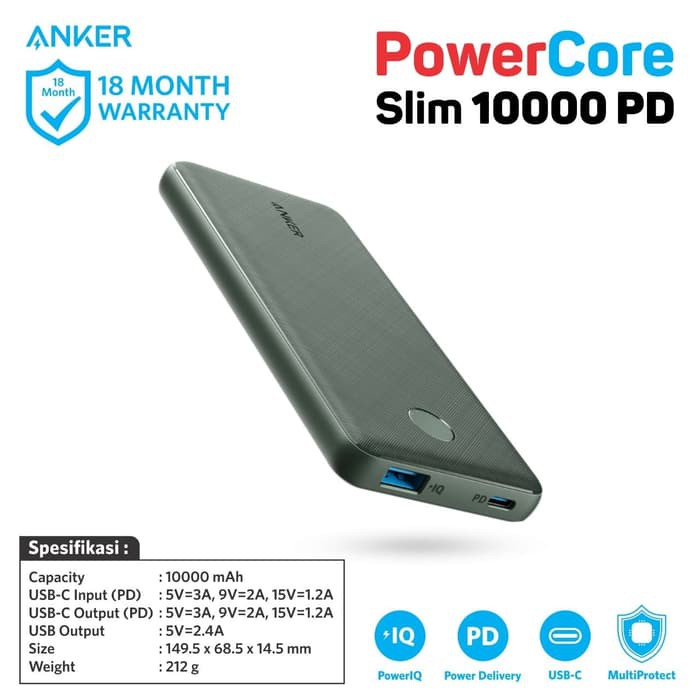 Jual PowerBank Anker PowerCore Slim PD 10000 mAh Midnight Green A1231