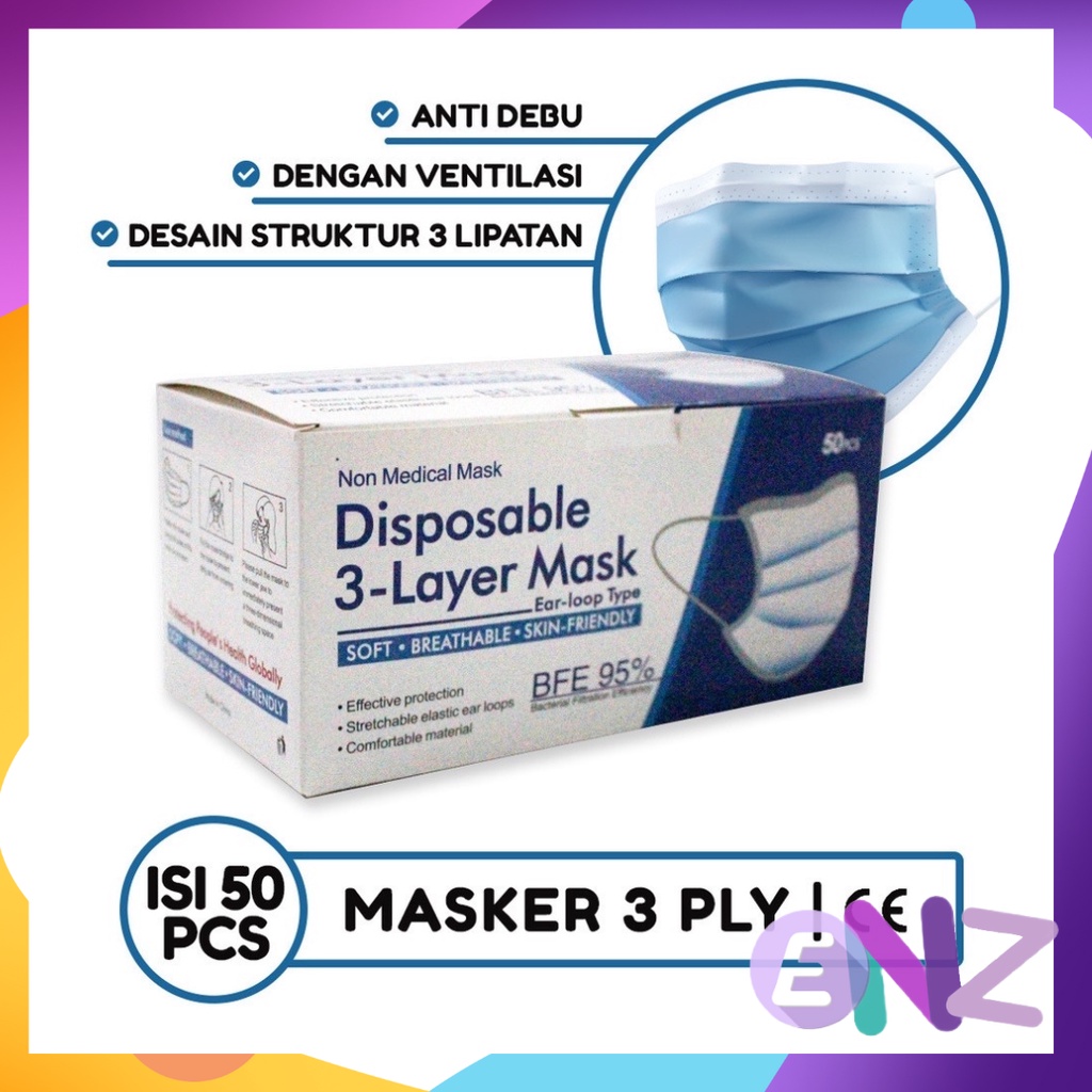 Jual Enz Masker Earloop Medis Ply Ply Isi Pcs Masker Disposable Biru Hitam Putih Ply