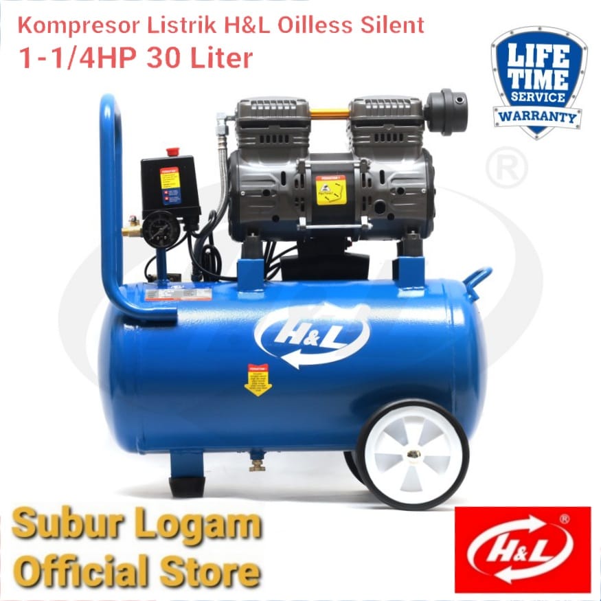 Jual Kompresor Angin Listrik H&L 1 1/4 HP 30 Liter Oilless Silent ...