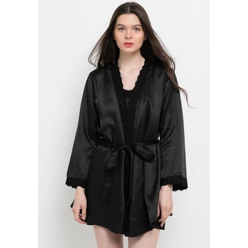 Baju Tidur Wanita Tanktop Dan Kimono Satin Anne Wintours Hitam A2101 71171 Kado Gift Renda Polos