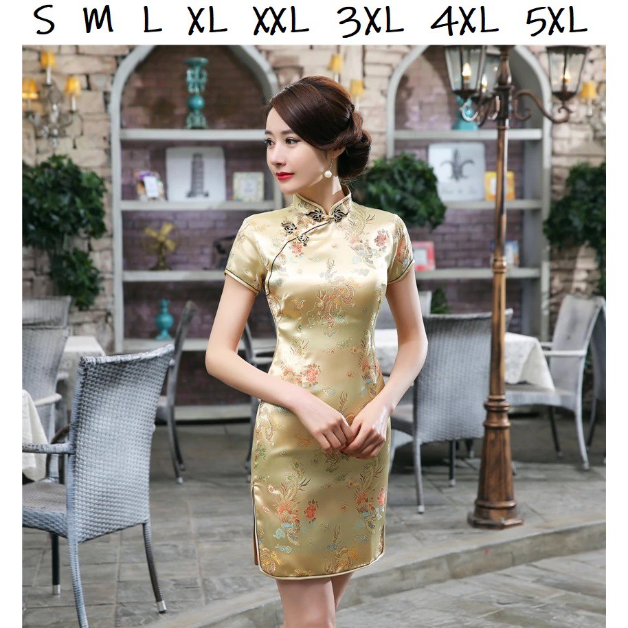 Jual Mini dress qipao cheongsam ceongsam zhongsan SATIN BRUKAT hanfu gold kuning imlek tahun baru cina CS02 Shopee Indonesia