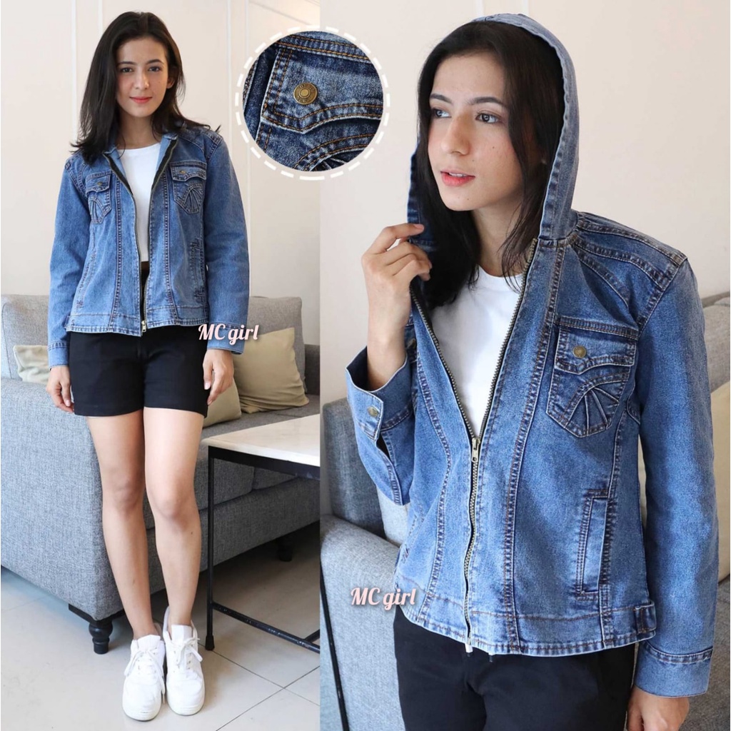 Jual Mc Girl Jaket Jeans Topi Resleting Wanita Jacket Denim Sleting