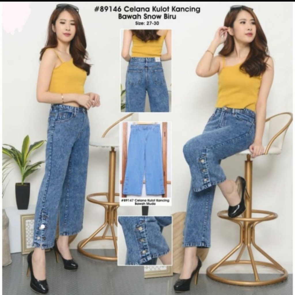 Jual Celana Kulot Jeans Highwaist High Waist Belah Kancing Bawah Terbaru Kekinian Shopee Indonesia