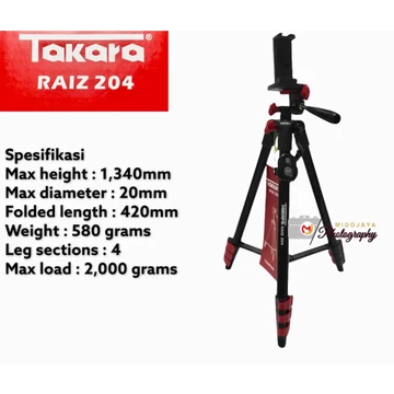 Tripod Takara RAIZ 204 Paket Free Holder Hp Remote Bluetooth Clip Tas