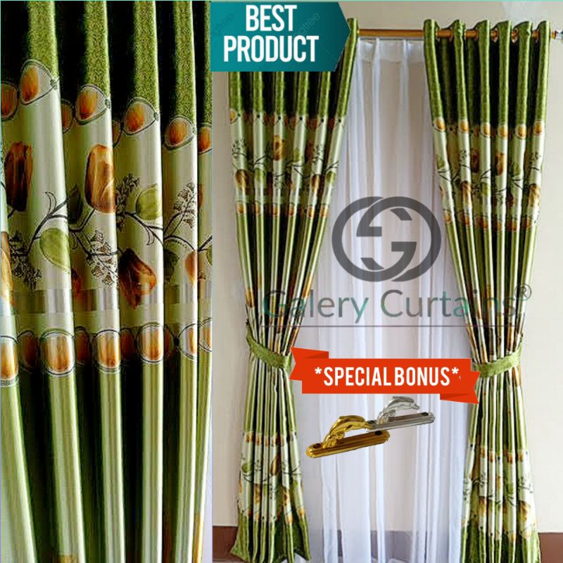 Jual Gorden Jendela Dan Pintu Motif Tulip Hijau Merah Cokelat Model Smokering Ukuran Lebar Cm