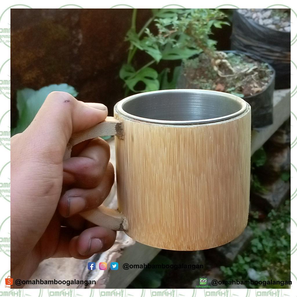 Jual Gelas Bambu Cangkir Bambu Mug Stainless Cover Bambu Kapasitas 200 Ml Pakai Gagang Mug 9405