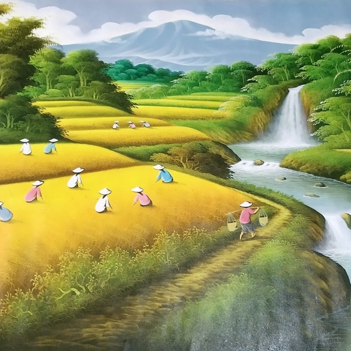 Jual Lukisan tema Pemandangan Alam Panen Padi dengan Air Terjun ukuran