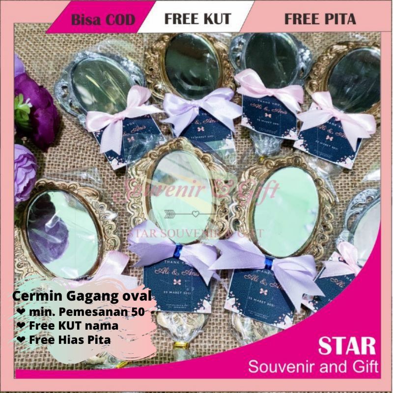 Jual Souvenir Pernikahan Cermin Gagang Bentuk Oval Warna Gold Kemas Plastik Souvenir Cantik