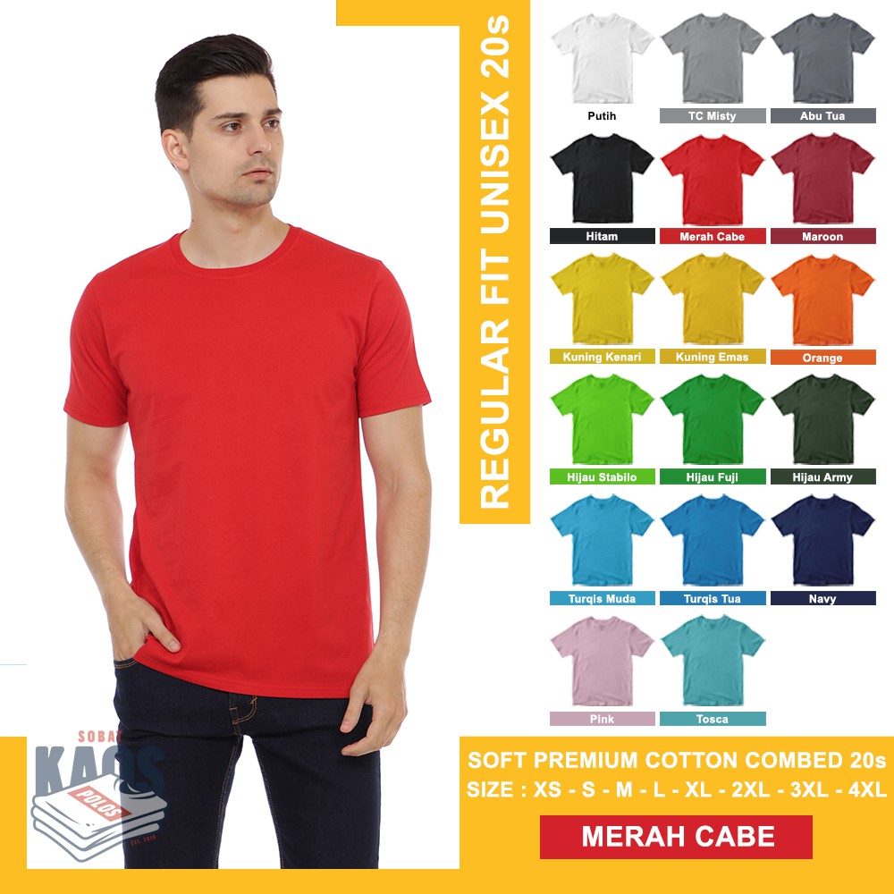 Jual Kaos Polos Lengan Pendek Cotton Combed 20s Warna Merah Cabe