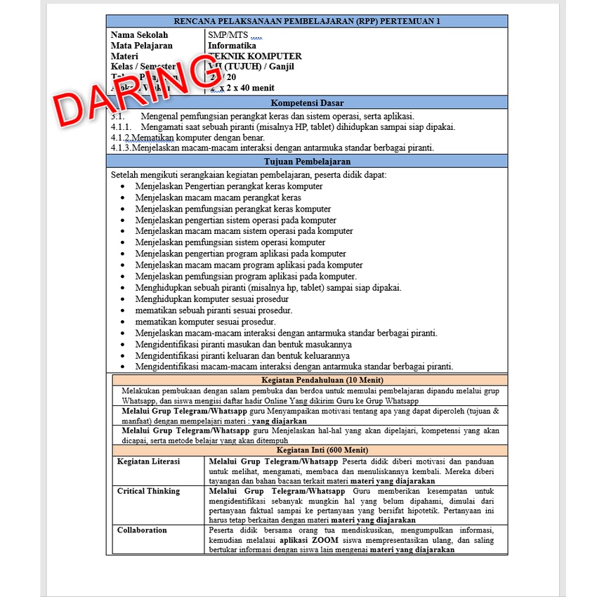 Jual RPP INFORMATIKA SMP FORMAT 1 LEMBAR K13 KELAS 7, 8, 9 KURTILAS ...