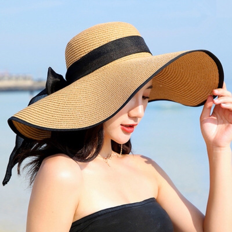 Jual Topi Pantai Lebar Bahan Raffia Premium List Hitam / Topi Pantai ...