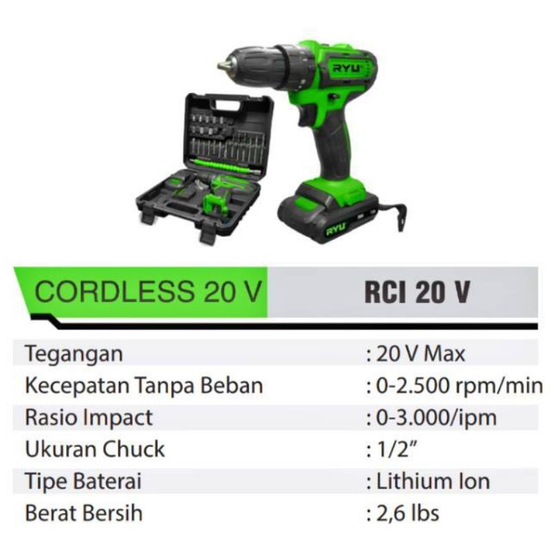 Jual Cordless Impact Drill RYU RCI20V / RCI 20V Mesin Bor Baterai RYU ...