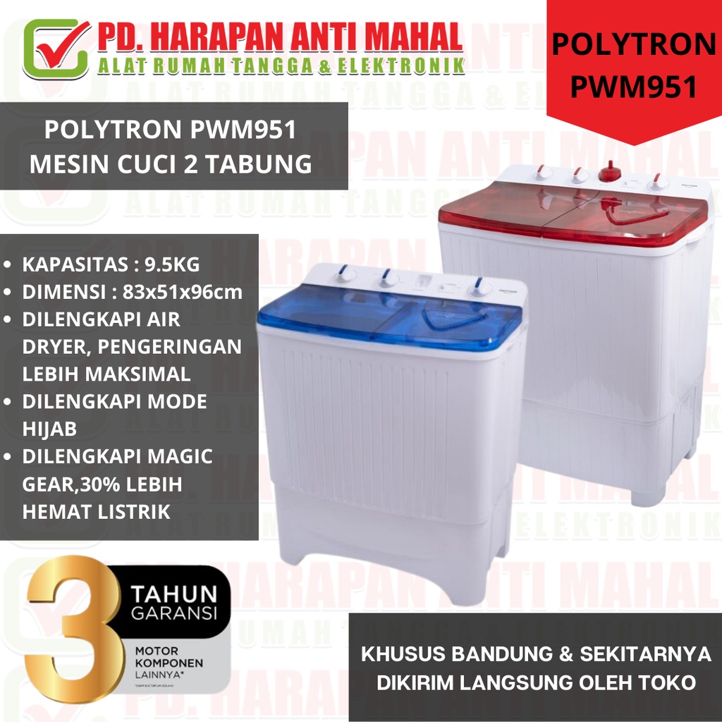 Jual MESIN CUCI 2 TABUNG POLYTRON PWM951 9.5KG / MESIN CUCI POLYTRON ...