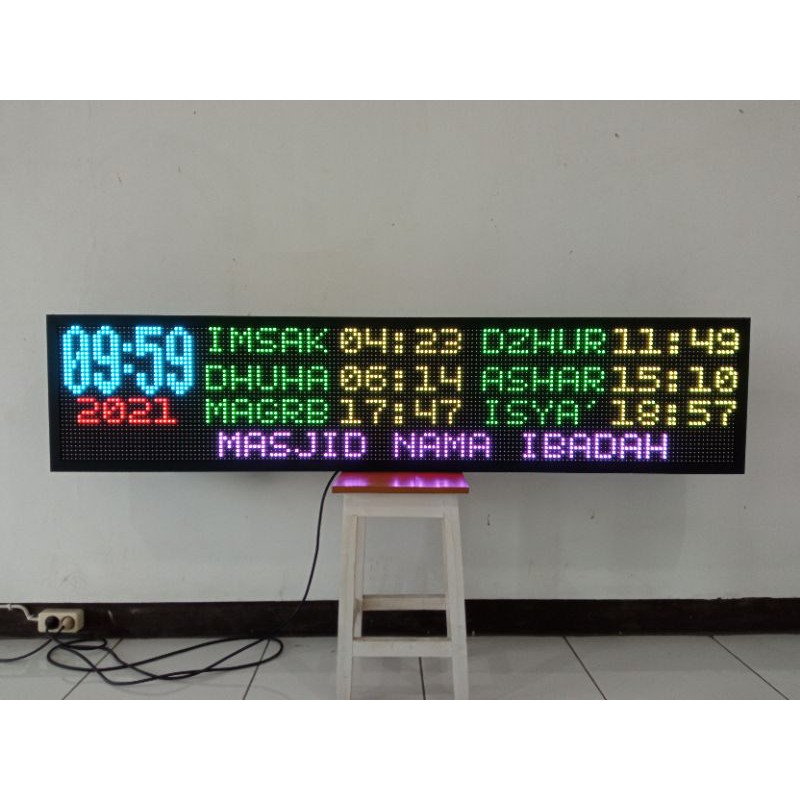 Jual Jam Sholat Running Text RGB Uk.165x37cm jam masjid digital waktu