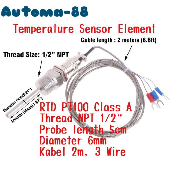 Jual RTD PT100 1/2 NPT PT-100 Temperature Sensor Probe 50mm 5cm 3 Wire ...