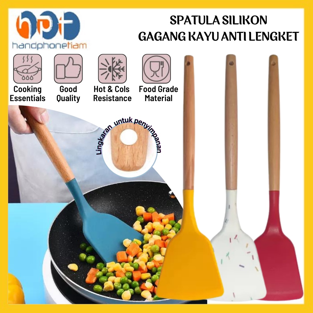 Jual Spatula Masak Silikon Gagang Kayu 32cm / Sutil Pegangan Kayu