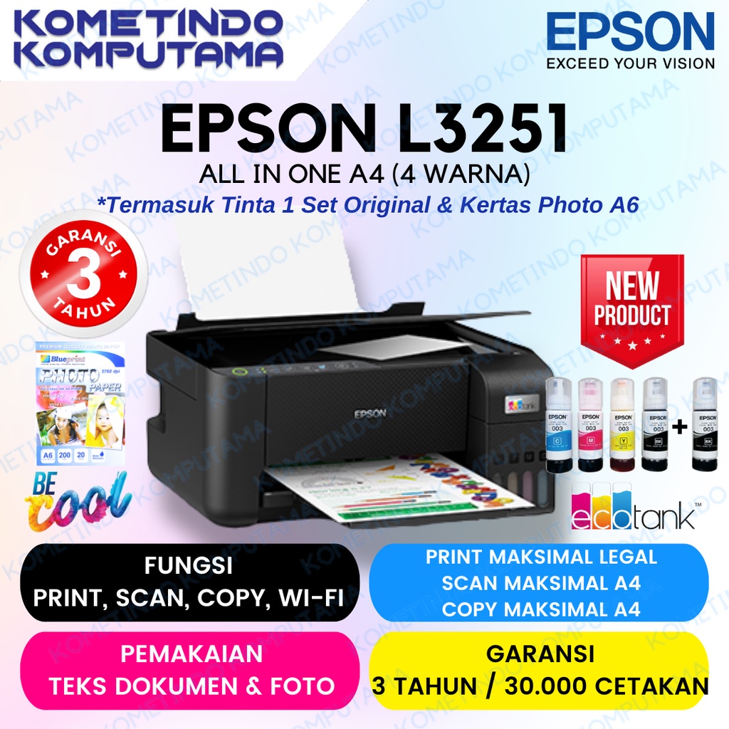 Jual Lkpp Epson Ecotank L3251 A4 Wi Fi All In One Ink Tank Printer Garansi 3 Tahun Tinta Jamin 5222