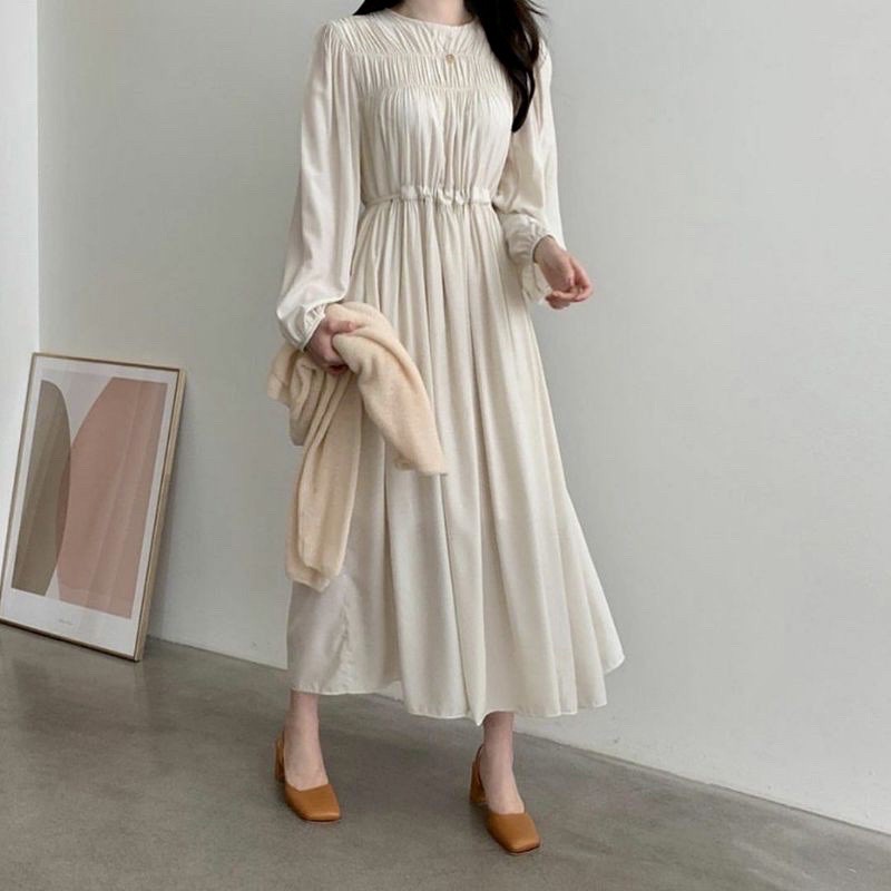 Haui Korean Ruffle Dress casual long dress lilac vintage dress pesta formal dress kerut maxi dress