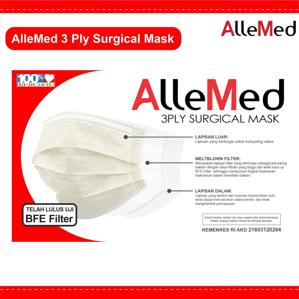 Jual AlleMed 3 Ply Medical Face Mask Wide Earloop Masker Medis 3 Ply ...