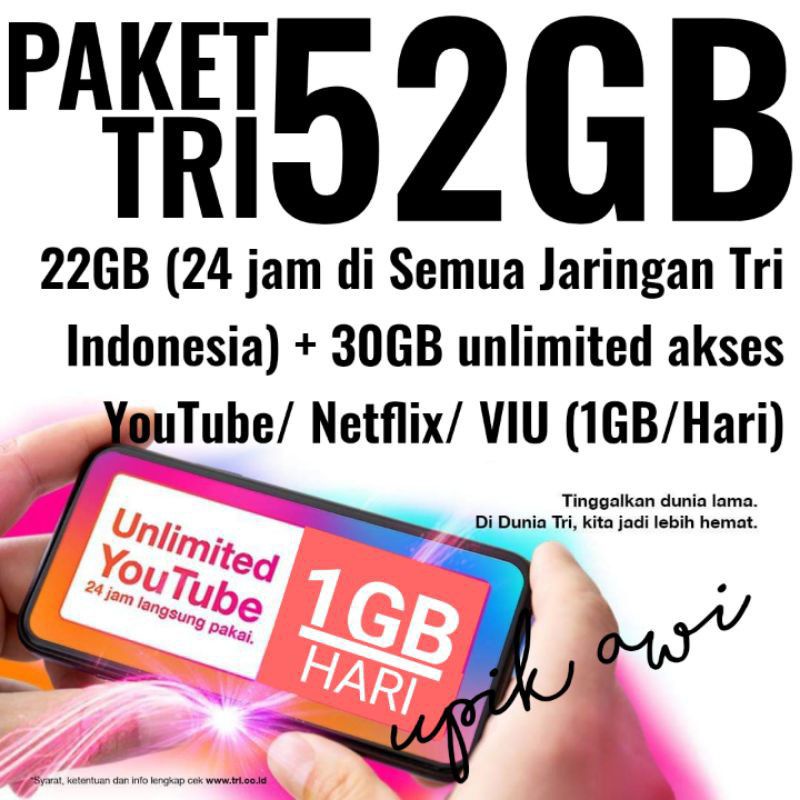 Jual PAKET TRI 3 THREE 22GB 52GB UNLIMITED YOUTUBE 30 HARI 24JAM ...