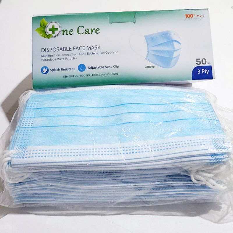 Jual MASKER ONE CARE 3PLY EARLOOP BIRU POLOS TANPA EMBOSS ISI 50PCS ...